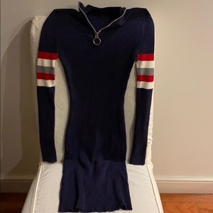 Blue maxi dress with red white and grey stripes